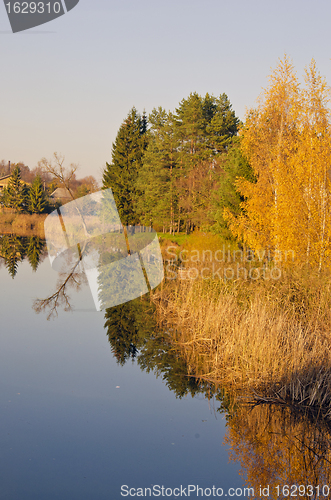 Image of Lake with reflection of colored leaves trees.
