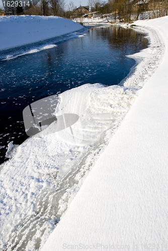 Image of River in winter and passing ice pieces and rural houses. 