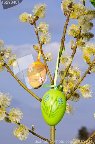 Image of easter spring background eggs hang pussy-willow 