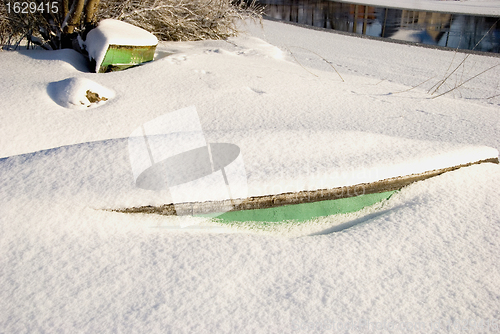 Image of Snow covered boats fragments protruding from snow. 