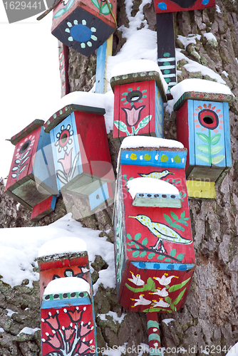 Image of decor bird houses nesting-box snowy tree winter 