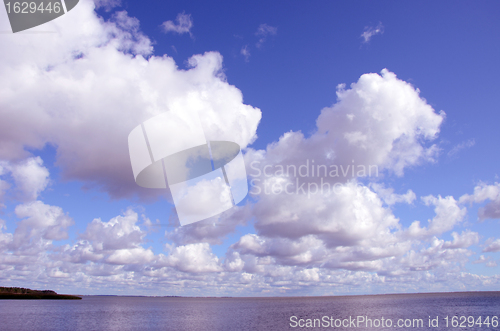 Image of Sky and lake background. Natural romantic view of lake and sky. 