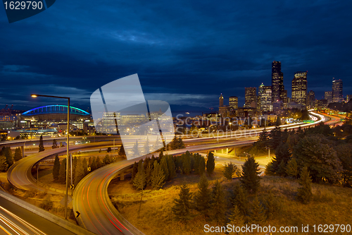 Image of Seattle City Skyline at Blue Hour