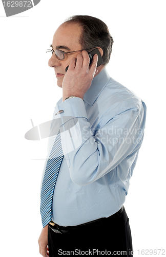 Image of Side view of a senior manager attending phone call