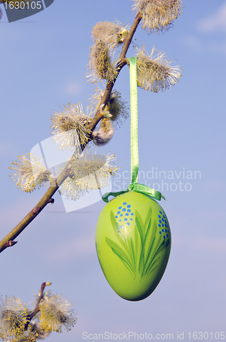 Image of spring easter sign egg hanging pussy willow branch 