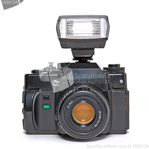 Image of camera with flash on white background