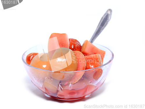 Image of canned apple in transparent plate