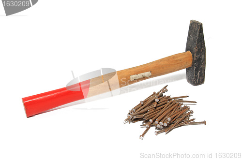 Image of gavel and nail on white background