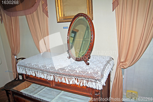 Image of ancient mirror on old dresser