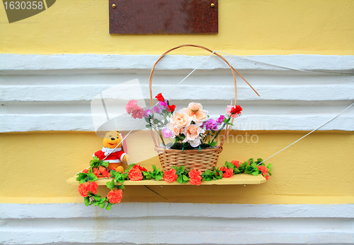 Image of red flowerses on yellow wall