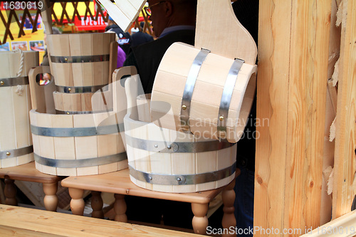 Image of wooden dishes on rural market