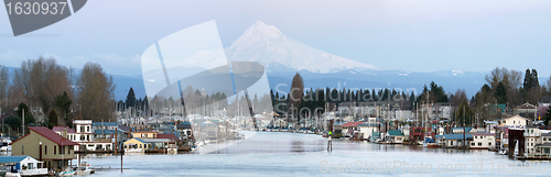 Image of Boat Houses Along Columbia River and Mount Hood