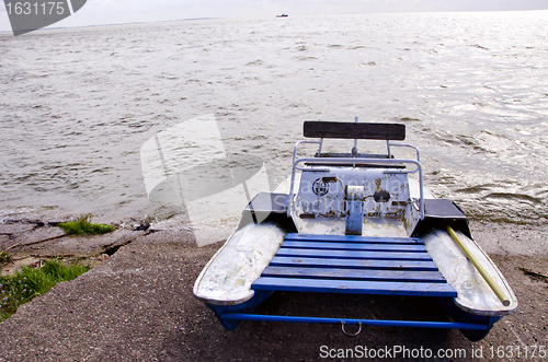 Image of water bike catamaran on lake concrete pier ship 