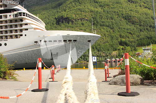 Image of cruise ship in the port of Flaam, Aurlandsfjord Sognefjord