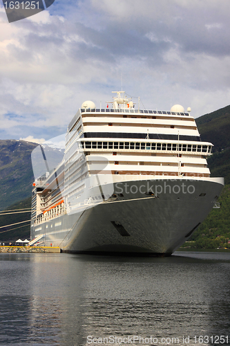 Image of cruise ship in the port of Flaam, Aurlandsfjord Sognefjord