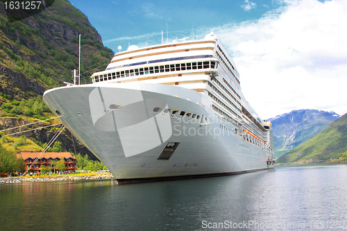 Image of cruise ship in the port of Flaam, Aurlandsfjord Sognefjord