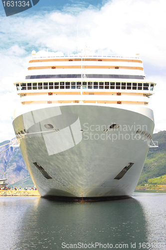 Image of cruise ship in the port of Flaam, Aurlandsfjord Sognefjord