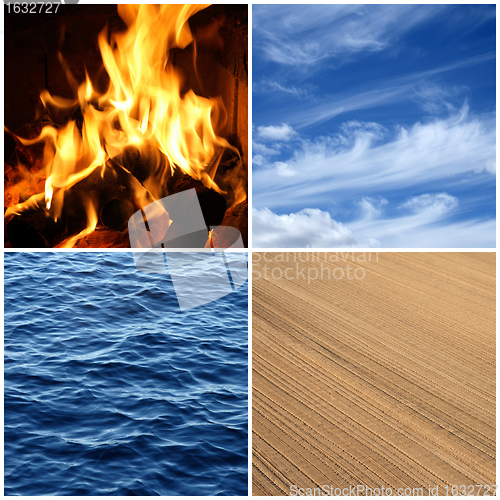 Image of Fire, water, air, earth. Four elements.