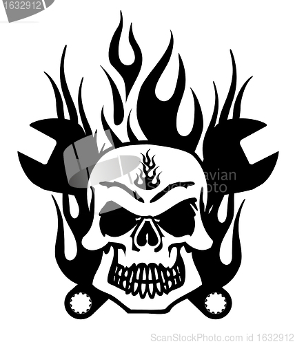 Image of Skull with Mechanics Wrench and Flames