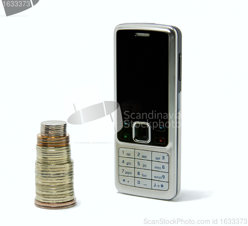 Image of cell phone and a column of coins