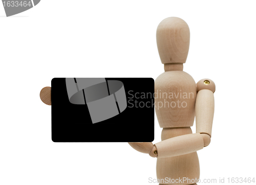 Image of isolated mannequin holds a credit card