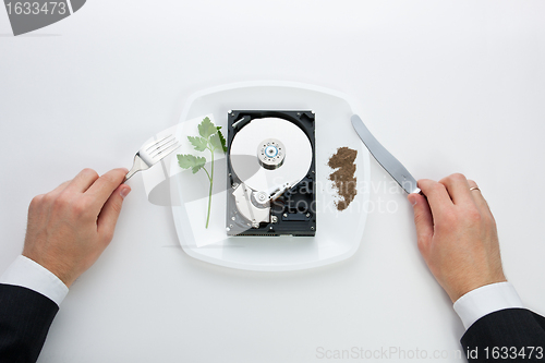 Image of hard drive is on a plate