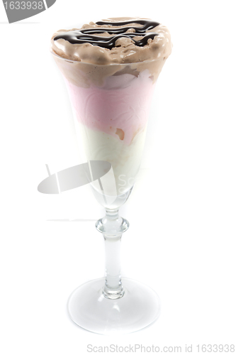 Image of Icecream in a wine glass with chocolate on top