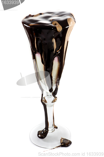 Image of Icecream in a wine glass with massive amounts of chocolate toppi