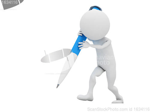 Image of 3d man with blue crayon  isolated on white
