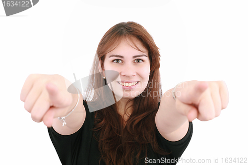 Image of Business woman point finger at you looking at camera. Isolated o