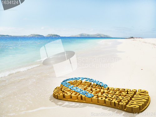 Image of beach shoes made of summer words on the beach on a bright day 