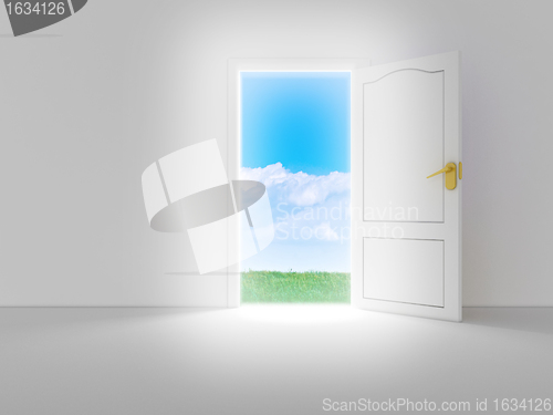 Image of Empty white room with opened door and beautiful view, 3d render