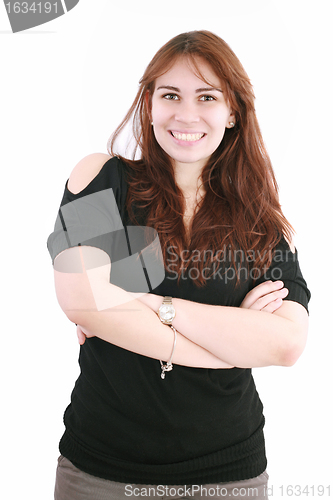 Image of Portrait of beautiful businesswoman smiling isolated over white 