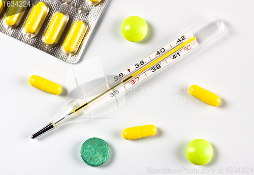 Image of thermometer and pills