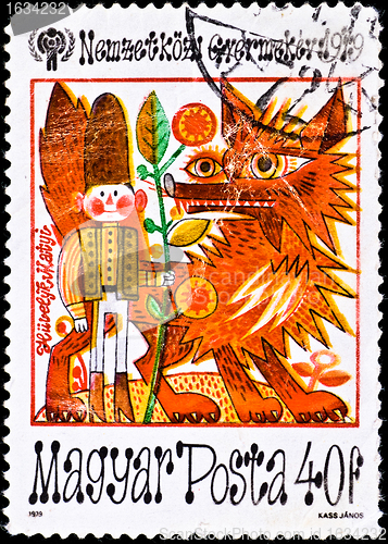 Image of postage stamp shows painting with soldier and wolf