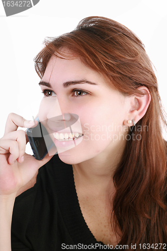 Image of Young business woman talking on the phone - isolated over a whit