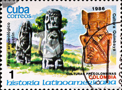 Image of postage stamp shows example Quimbaya culture