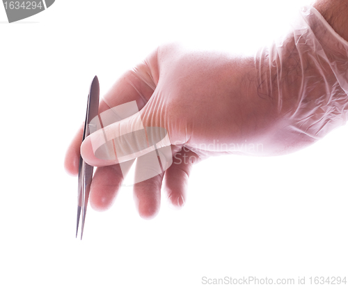 Image of hand in rubber glove holding tweezers