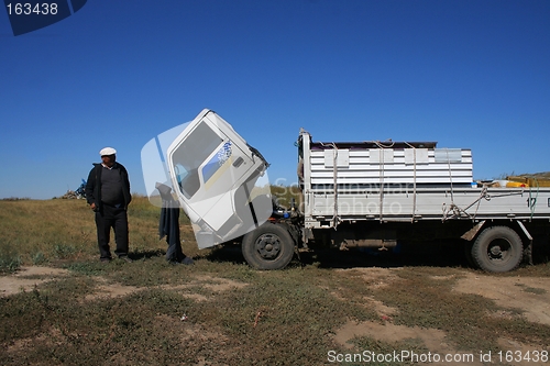 Image of Man repairing a broken truck