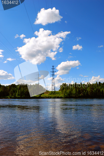 Image of high-voltage line across the river