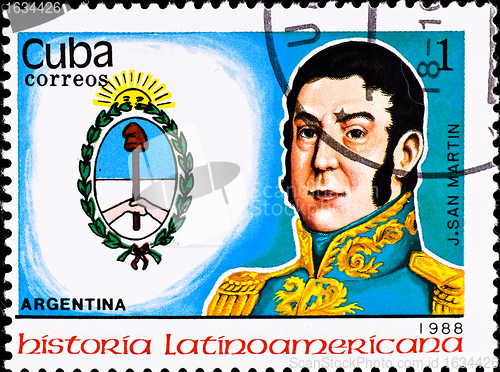 Image of postage stamp shows Argentina chief J. San Martin