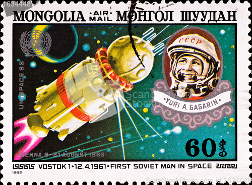 Image of postage stamp celebrate first man in space