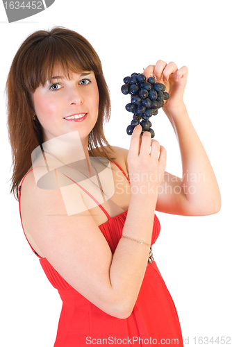 Image of beautiful girl with black grapes in hand