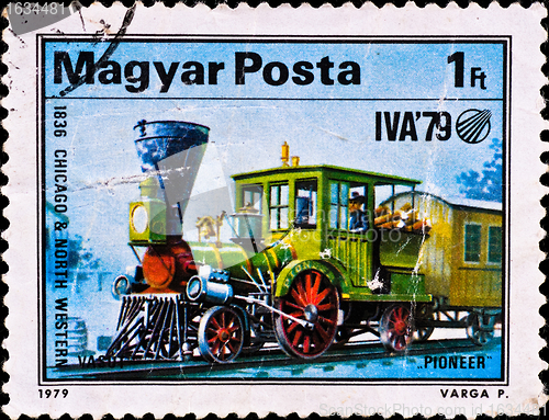 Image of postage stamp shows locomotive "Pioneer"