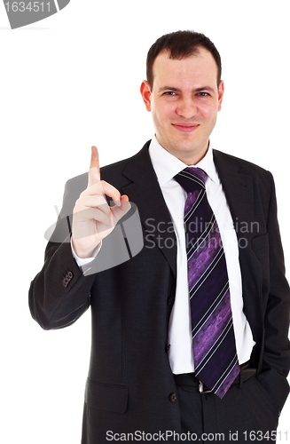 Image of smiling businessman raise finger up