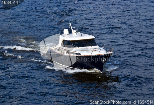 Image of fast white motor boat on blue water