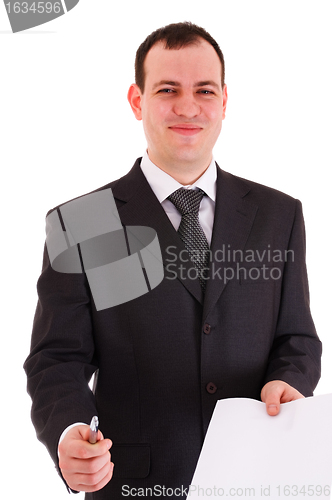 Image of smiling businessman offer sign paper