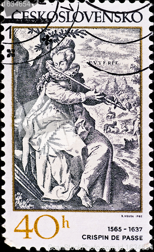 Image of postage stamp shows engraving of Crispin de Passe