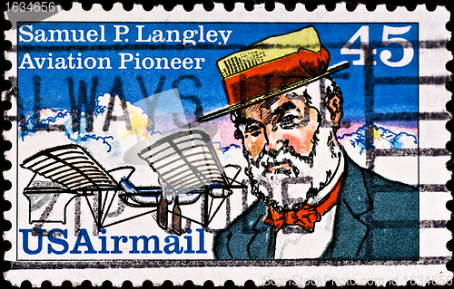 Image of postage stamp shows aviation pioneer Samuel Langley, circa 1980'