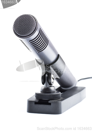 Image of gray condenser microphone on stand